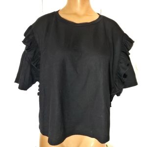 Zara Crew Neck Ruffle Sleeve Black sz M